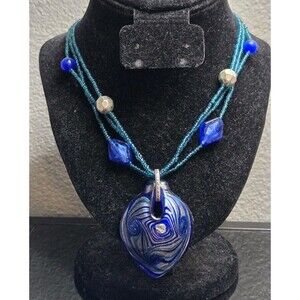Ecclissi Artisan Cobalt Blue Dichroic Glass Heart Pendant Necklace Seed Bead 20"